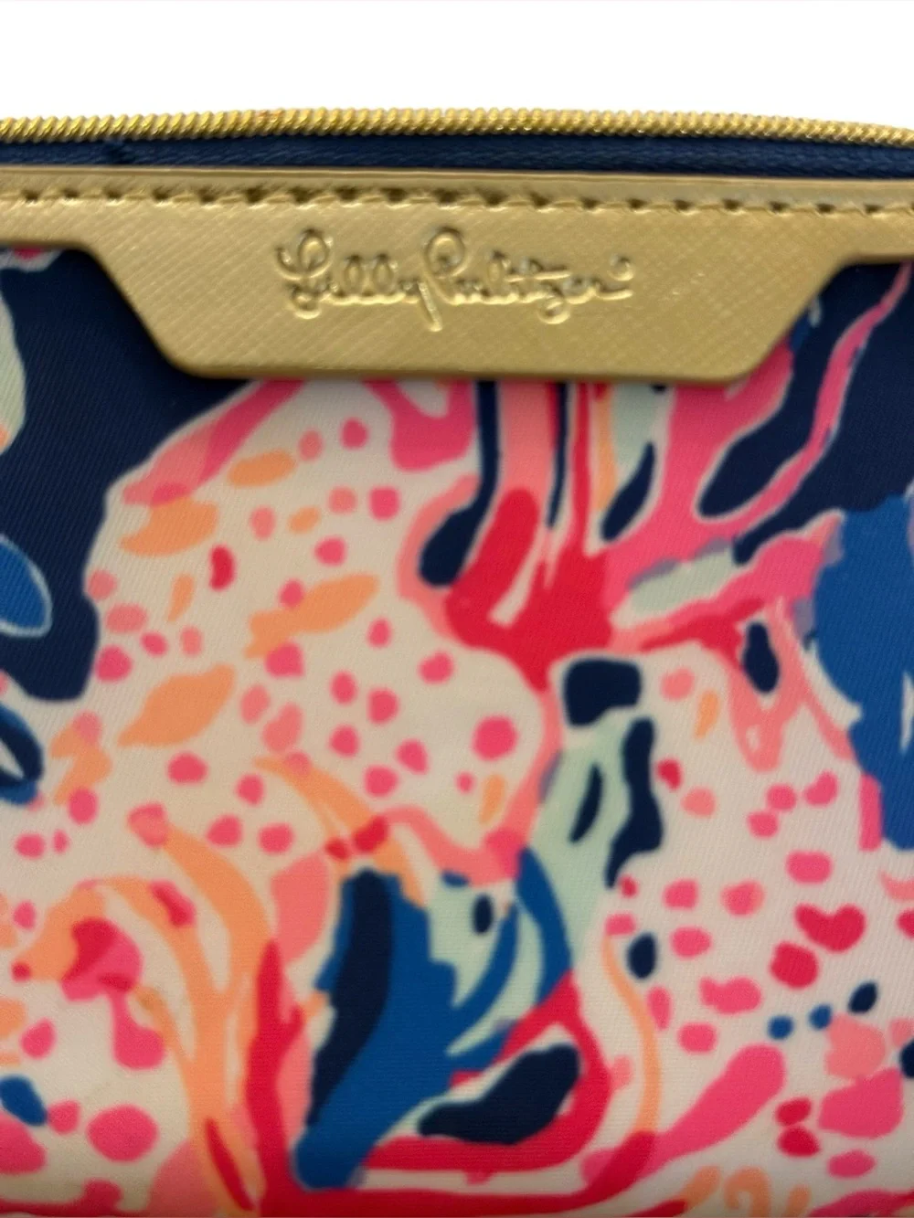 Lilly Pulitzer “Seaing Things” Navy Floral Card Zipper Wallet Keyring Gold Trim